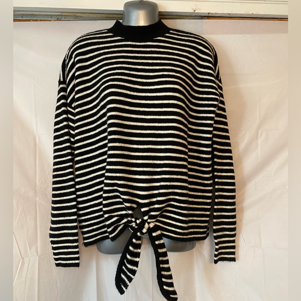 Loft Black and White Striped Tie Front Sweater